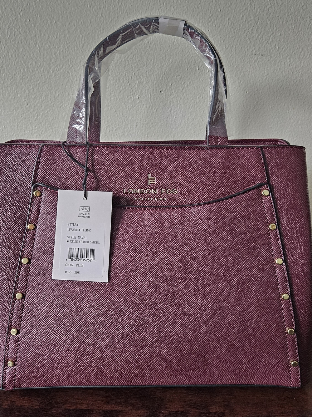 London Fog Marcelle Studded Plum Satchel NWT